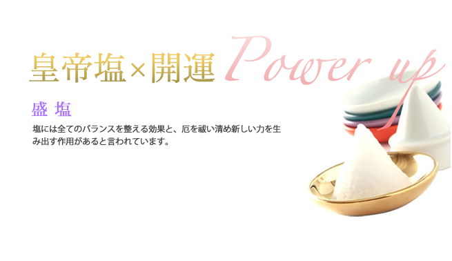 皇帝塩×開運　Power up　盛塩　塩には全てのバランスを整える効果があります。厄を祓い清める効果と新しい力を生み出す作用があります。相撲には塩はつきもので、土俵を清め、力士が気力を発揮する役目も果たします。人は普通に生活をしていても、心身に少しずつ厄が溜まっていきます。それらの運気をずっと引きずっていたりすると、何かと悪運を呼びやすくなります。悪い方位へ引っ越したり、家にゴタゴタした揉め事が耐えなかったりする場合、盛塩をすると厄が祓え、欠けや水場など家のパワーがダウンしている場所に盛塩をすると新しいパワーが生まれると言われています。